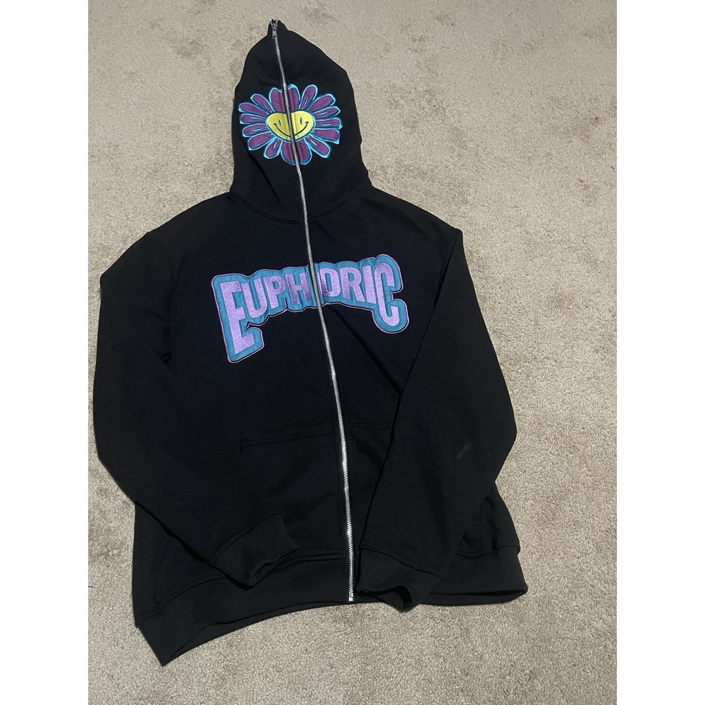 Euphoric 777 Men's Full Zip Black Hoodie Flower Y2K Style Size 2XL